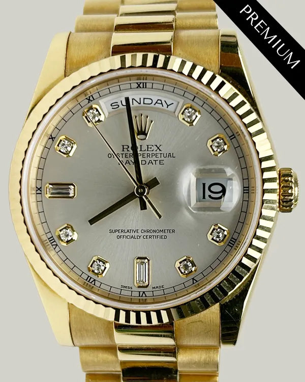 (SR) (Albert) 2001 (K Serial) Rolex Day-Date 36MM Silver Dial Yellow Gold President Bracelet (118238)