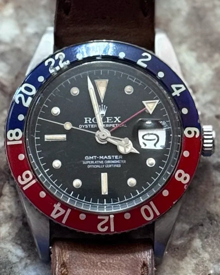 No Reserve - Rolex GMT-Master "Pepsi" 38MM Black Dial Aftermarket Leather Strap (6542)
