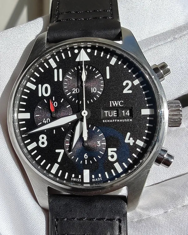 2018 IWC Schaffhausen Pilot Chronograph 43MM Black Dial Leather Strap (IW377709)