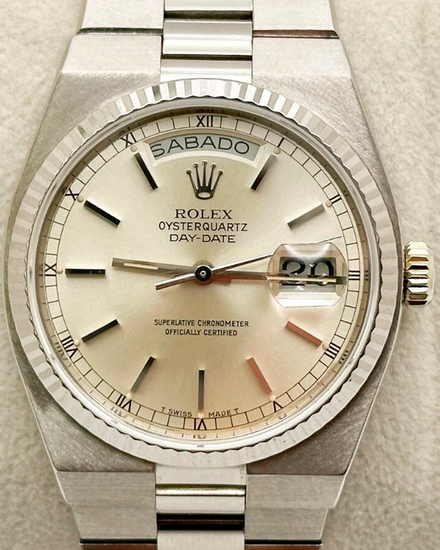 1979 (6.1 Mill Serial) Rare Rolex Day-Date Oysterquartz 36MM Quartz Silver Dial White Gold Oysterquartz Bracelet (19019)