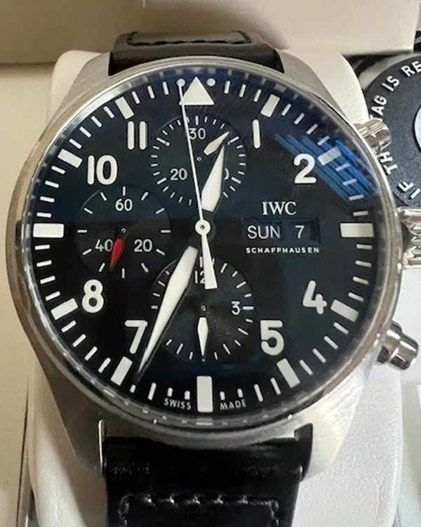 IWC Schaffhausen Pilot Chronograph 43MM Black Dial Leather Strap (IW377709)