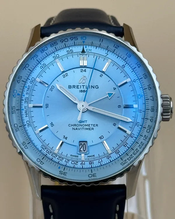 Breitling Navitimer GMT 41MM Ice Blue Dial Aftermarket Leather Strap (A32310171C1P1)