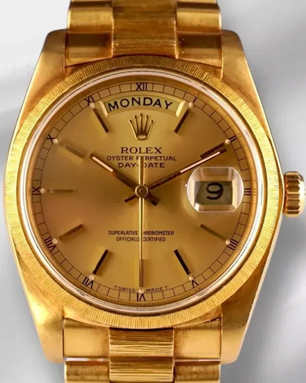 Rolex Day-Date 36MM Champagne Dial Yellow Gold President "Bark Finish" Bracelet (18078)
