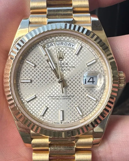 Rolex Day-Date 40MM Silver "Crosshatch Motif" Dial Yellow Gold President Bracelet (228238)