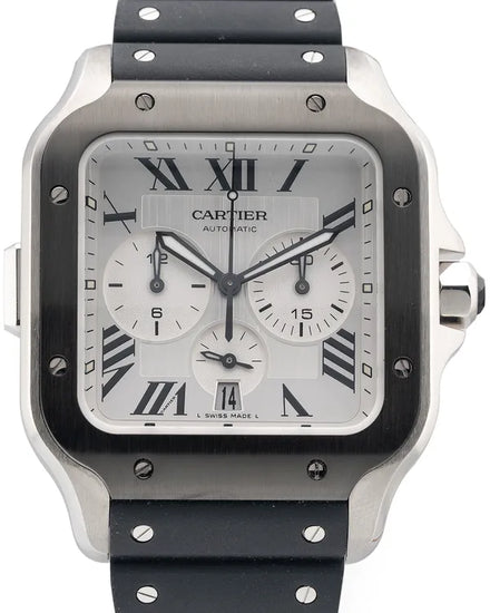 2024 Cartier Santos De Cartier Chronograph XL 43.3MM Silver Dial Rubber Strap (WSSA0017)