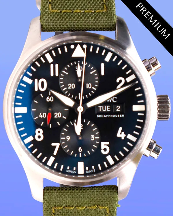 2016 IWC Schaffhausen Pilot Chronograph 43MM Black Dial Aftermarket Leather Strap (IW377709)