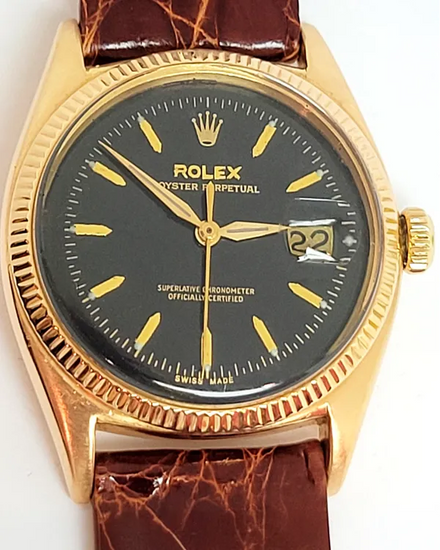 Rolex Datejust 18K Gold 36MM Black Dial Aftermarket Leather Strap (6605)