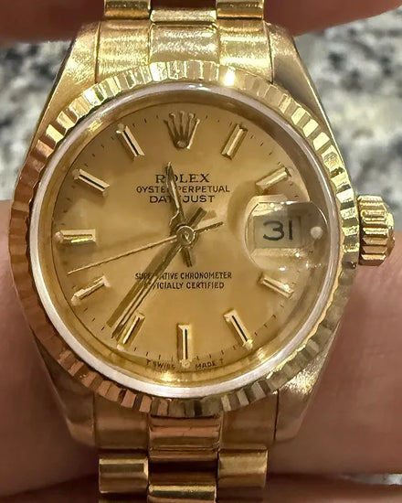 1984 (8.1 Mill Serial) Rolex Lady-Datejust 26MM Champagne Dial Yellow Gold President Bracelet (6927)