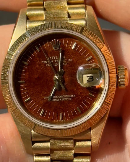 Rolex Lady-Datejust 26MM Brown "Wood" Dial Yellow Gold President Bracelet (69278)