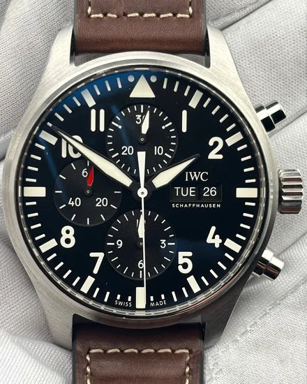 2017 IWC Schaffhausen Pilot Chronograph 43MM Black Dial Leather Strap (IW377709)