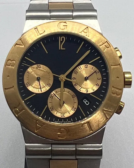 Bvlgari Diagono 18K Gold 35MM Quartz Black Dial Two-Tone Bracelet (CH 35 SG)