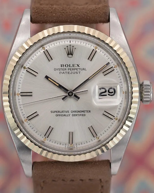 1972 (3.1 Mil Serial) Rolex Datejust 36MM Silver "Pumpkin" Dial Leather Strap (1601)