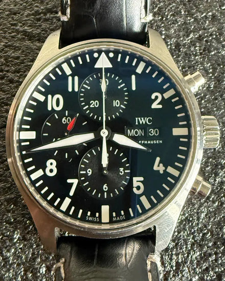 IWC Schaffhausen Pilot Chronograph 43MM Black Dial Aftermarket Leather Strap (IW377709)