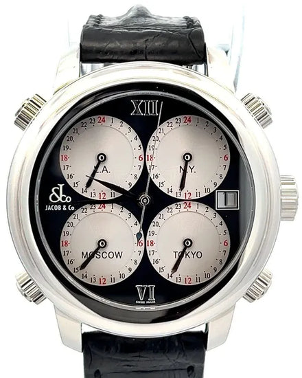 Jacob & Co. Five Time Zones L.E. 47MM Black Dial Leather Strap (H24 SSB)