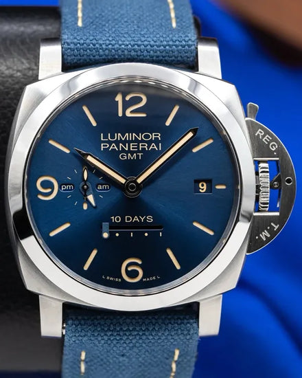 2020 Panerai Luminor 1950 10 Days GMT "Design Miami" 44MM Blue Dial Textile Strap (PAM00986)