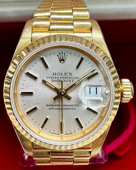1985 (8.7 Mill Serial) Rolex Lady-Datejust 26MM Silver Dial Yellow Gold President Bracelet (69178)