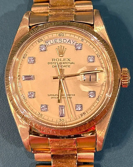1977 (5.2 Mill Serial) Rolex Day-Date 36MM Champagne Dial Yellow Gold "Bark-Finish" President Bracelet (1803)