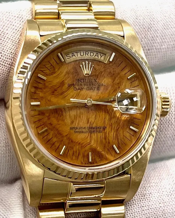 Rare 1983 Rolex Day-Date 36MM Birch Wood Dial Yellow Gold President Bracelet (18038)