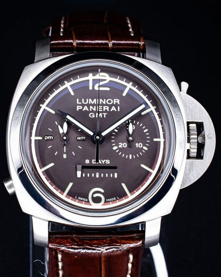 2008 Panerai Luminor 1950 8 Days Chrono Monopulsante GMT L.E. 44MM Brown Dial Leather Strap (PAM00311)
