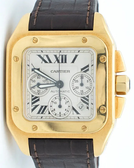 2006 Cartier Santos 100 XL Chronograph 41MM White Dial Leather Strap (W20096Y1)