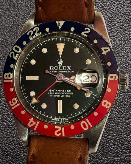 No Reserve - Rolex GMT-Master "Pepsi" 38MM Aftermarket Black Dial Aftermarket Leather Strap (6542)