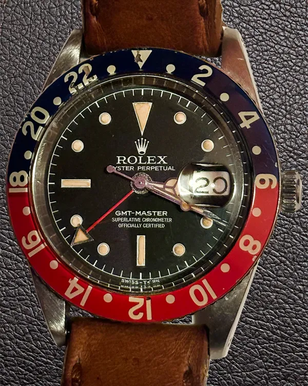 (SR) Rolex GMT-Master "Pepsi" 38MM Aftermarket Black Dial Aftermarket Leather Strap (6542)