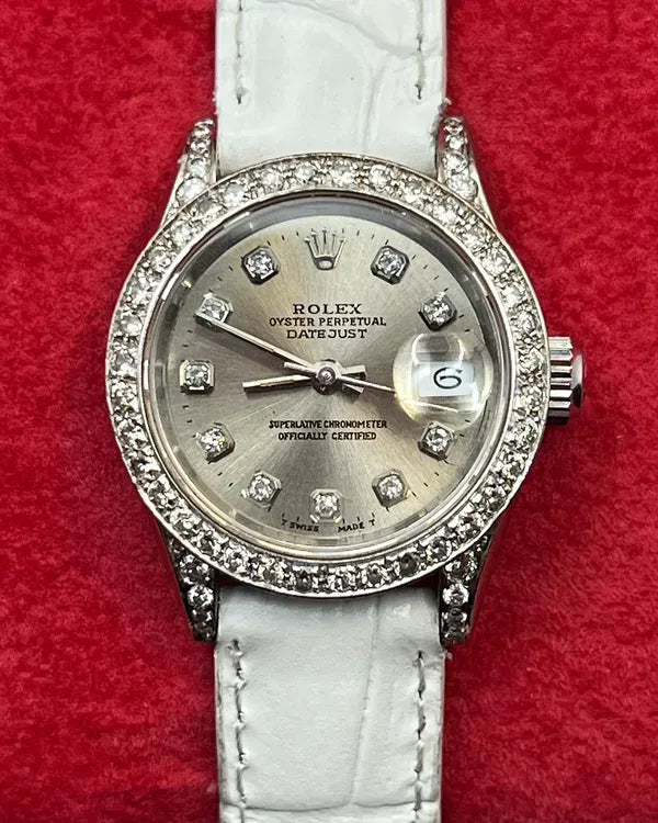 Rolex Lady-Datejust 18K White Gold 26MM Silver Dial Aftermarket Leather Strap (69179)