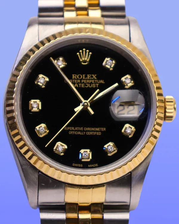 No Reserve - Rolex Datejust 36MM Aftermarket Black Dial Two-Tone Jubilee Bracelet (16233)