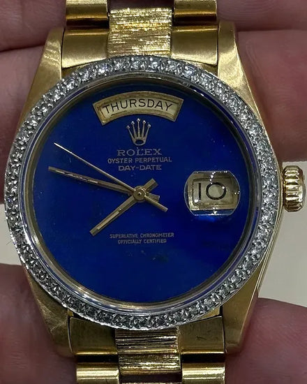 Rolex Day-Date 36MM Aftermarket Blue Dial Yellow Gold President "Bark Finish" Bracelet (18078)