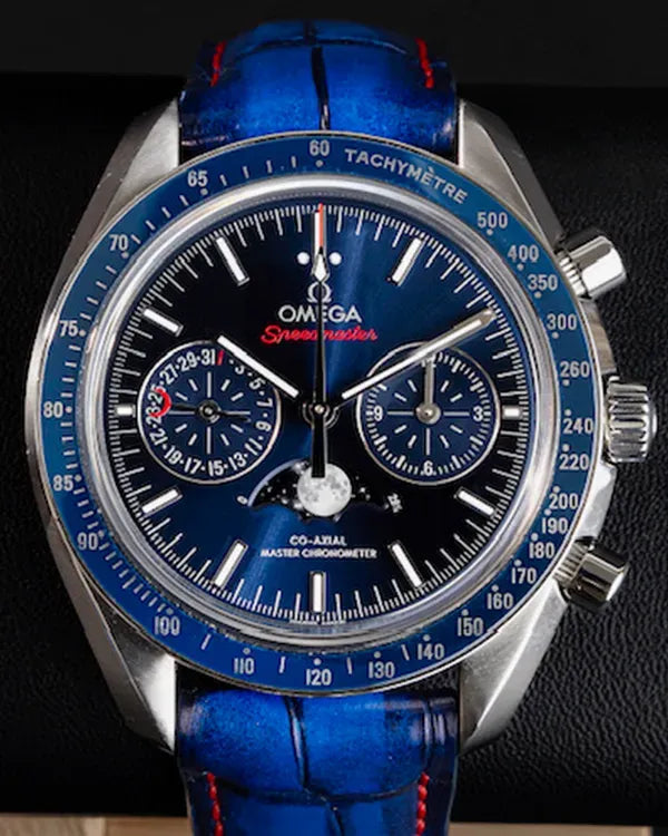 2022 Omega Speedmaster Moonphase 44.25MM Blue Dial Aftermarket Leather Strap (304.33.44.52.03.001)