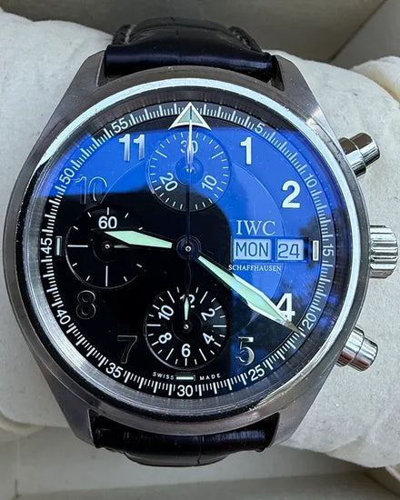 No Reserve - IWC Schaffhausen Pilot Spitfire Chronograph 39MM Black Dial Leather Strap (IW370613)