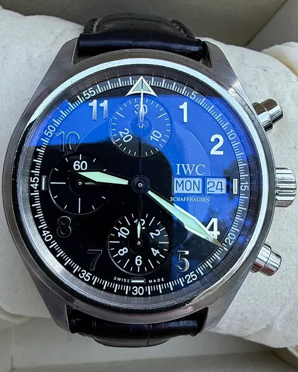 No Reserve - IWC Schaffhausen Pilot Spitfire Chronograph 39MM Black Dial Leather Strap (IW370613)