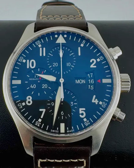 No Reserve - 2015 IWC Schaffhausen Pilot Chronograph 43MM Black Dial Leather Strap (IW377701)