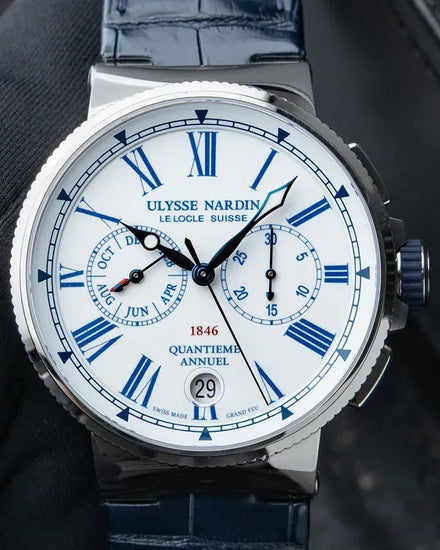 Ulysse Nardin Marine Chronograph Annual Calendar 43MM White Dial Leather Strap (1533-150/E0)