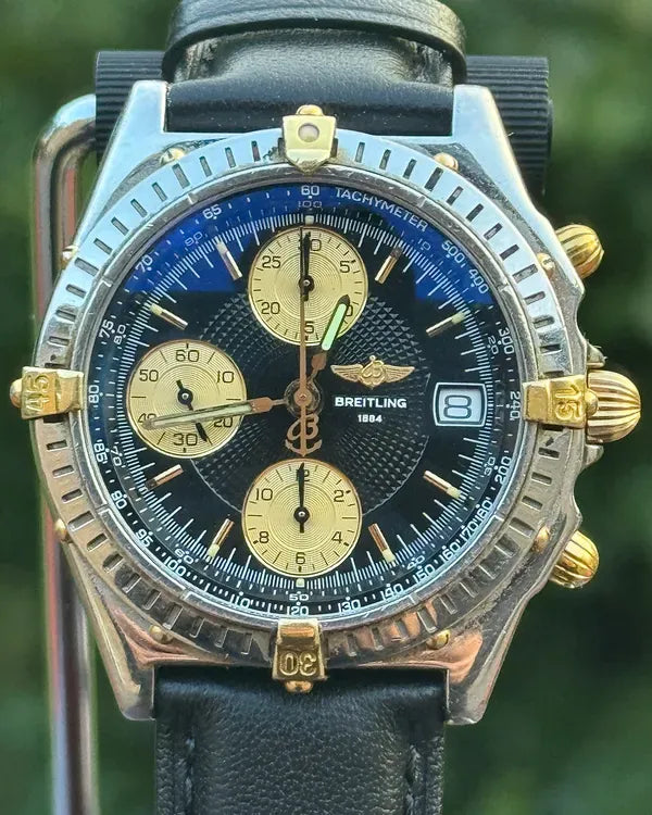 1997 Breitling Chronomat 39MM Black Dial Aftermarket Leather Strap (B13050.1)