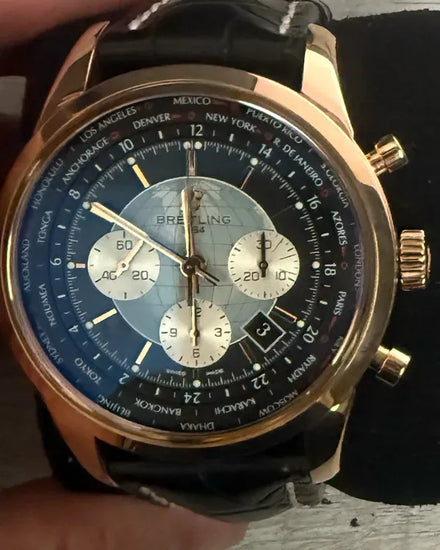 Breitling Transocean Chronograph Unitime 46MM Black Dial Leather Strap (RB0510U4/BB63)