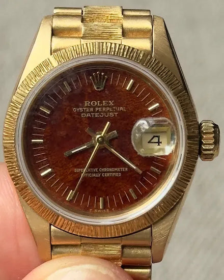 Rolex Lady-Datejust 26MM Wood Dial Yellow Gold President "Bark" Bracelet (69278)
