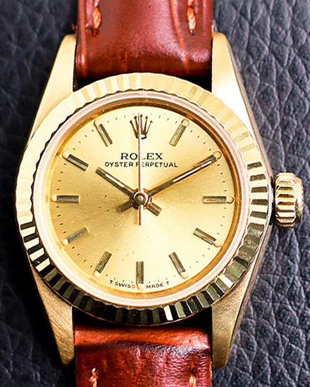 Rolex Oyster Perpetual 26MM Champagne Dial Aftermarket Leather Strap (67198)