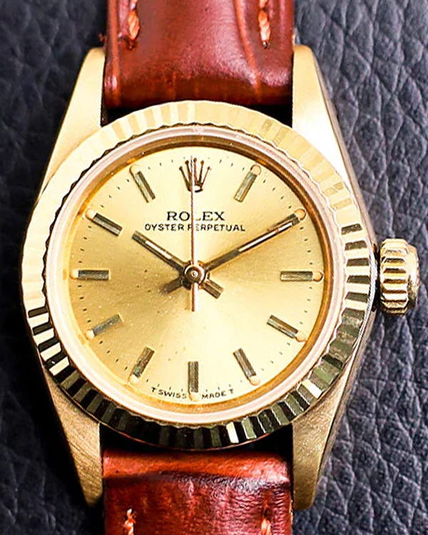 Rolex Oyster Perpetual 26MM Champagne Dial Aftermarket Leather Strap (67198)