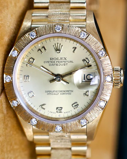Rolex Lady-Datejust 26MM Champagne Dial Yellow Gold "Bark" President Bracelet (69288)