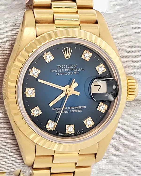 1991 Rolex Lady-Datejust 26MM Blue "Vignette" Dial Yellow Gold President Bracelet (69178)
