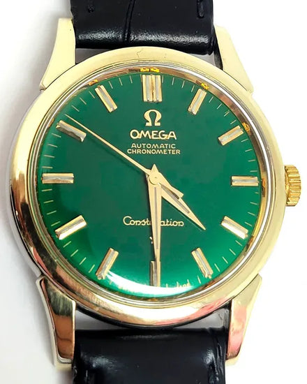 Omega Constellation 14k Gold 34.4MM Green Dial Aftermarket Leather Strap (14381)