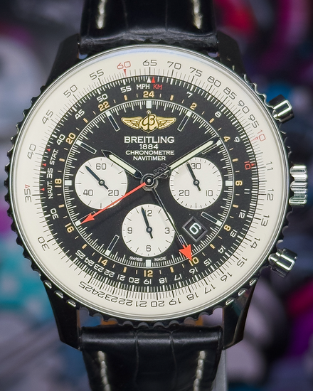 Breitling Navitimer GMT 48MM Black Dial Leather Strap (AB0441)