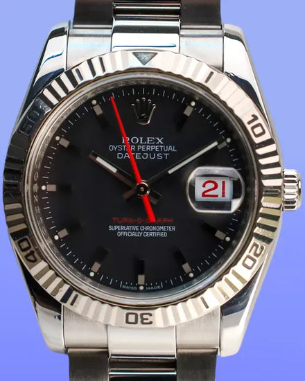 2005 (F serial) Rolex Datejust Turn-O-Graph 36MM Black Dial Oyster Bracelet (116264)