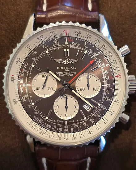 Breitling Navitimer Rattrapante 45MM Grey Dial Leather Strap (AB0310)