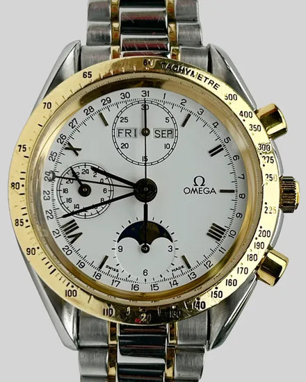 Omega Speedmaster Moonphase Triple Calendar 18k Gold Bezel 38MM White Dial Two-Tone Bracelet (3331.20)