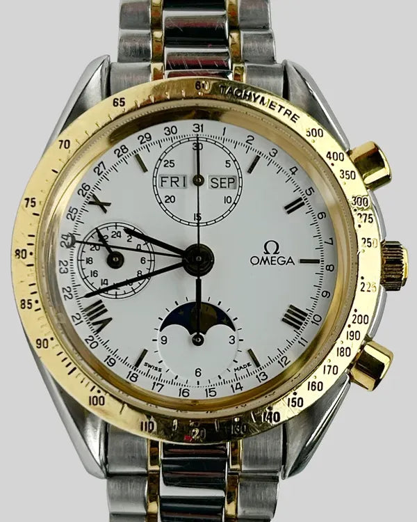 Omega Speedmaster Moonphase Triple Calendar 18k Gold Bezel 38MM White Dial Two-Tone Bracelet (3331.20)