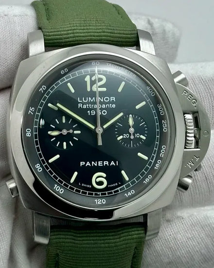 2012 Panerai Luminor 1950 3 Days Chrono Flyback 44MM Black Dial Aftermarket Textile Strap (PAM00213)