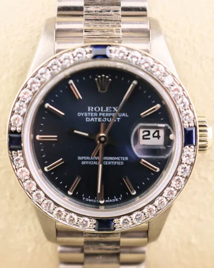 Rolex Lady-Datejust 26MM Blue Dial White Gold President "Bark Finish" Bracelet (69279)
