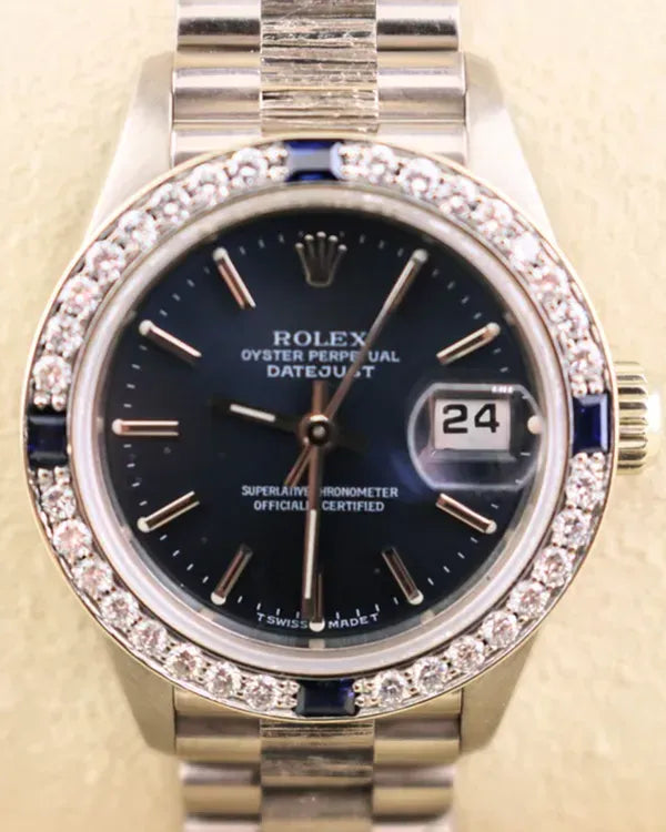 Rolex Lady-Datejust 26MM Blue Dial White Gold President "Bark Finish" Bracelet (69279)